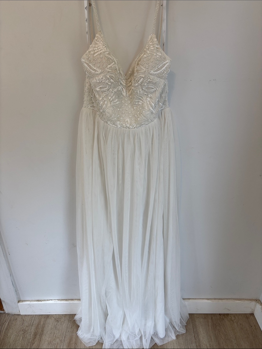 David's Bridal Ivory Beaded V-Neck Tulle Gown